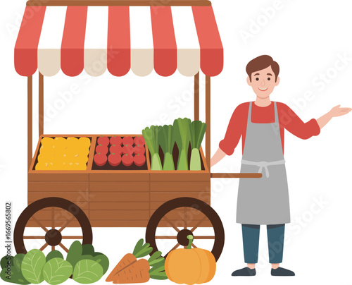 Cartoon Vendor With Fresh Produce Cart Featuring Peppers, Tomatoes, Leeks, Spinach, Carrots and Pumpkin