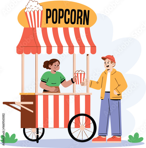 Cartoon Woman Selling Popcorn to a Man at a VintageStyled Stand with Wheels