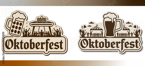 Oktoberfest vector design with beer mug, fairground tents and festive crowd silhouette perfect for German festival celebration and Bavarian traditions