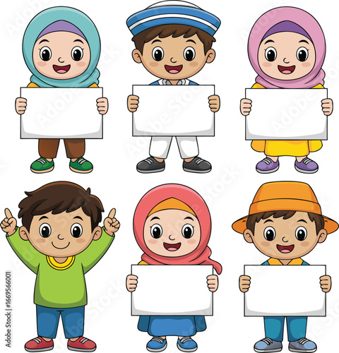 Cheerful Cartoon Children Holding Blank White Signs Diverse Group Ready for Message