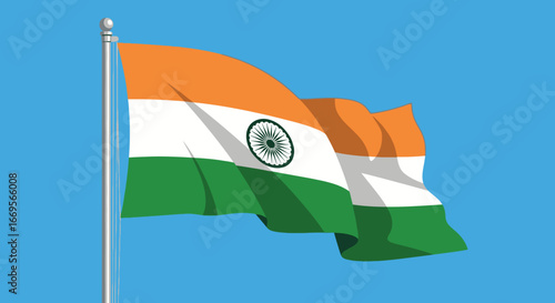 Indian National Flag Rippling Gracefully Against a Serene Blue Sky, Symbolizing Unity and Pride