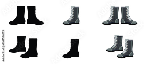 Pair of boots vector icon set. leather black boot.