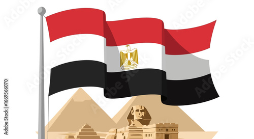 Egyptian flag waving over pyramids, sphinx, historical and cultural symbols of Egypt