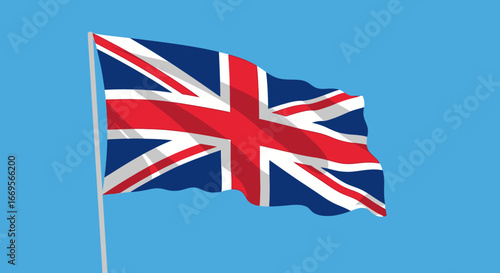 Union Jack flag waving against a bright blue sky, a symbol of national pride and heritage