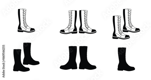 Pair of boots vector icon set. leather black boot.