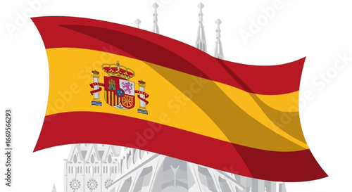 Waving Spanish flag illustration, symbolizing national pride and rich cultural heritage, against an architectural outline