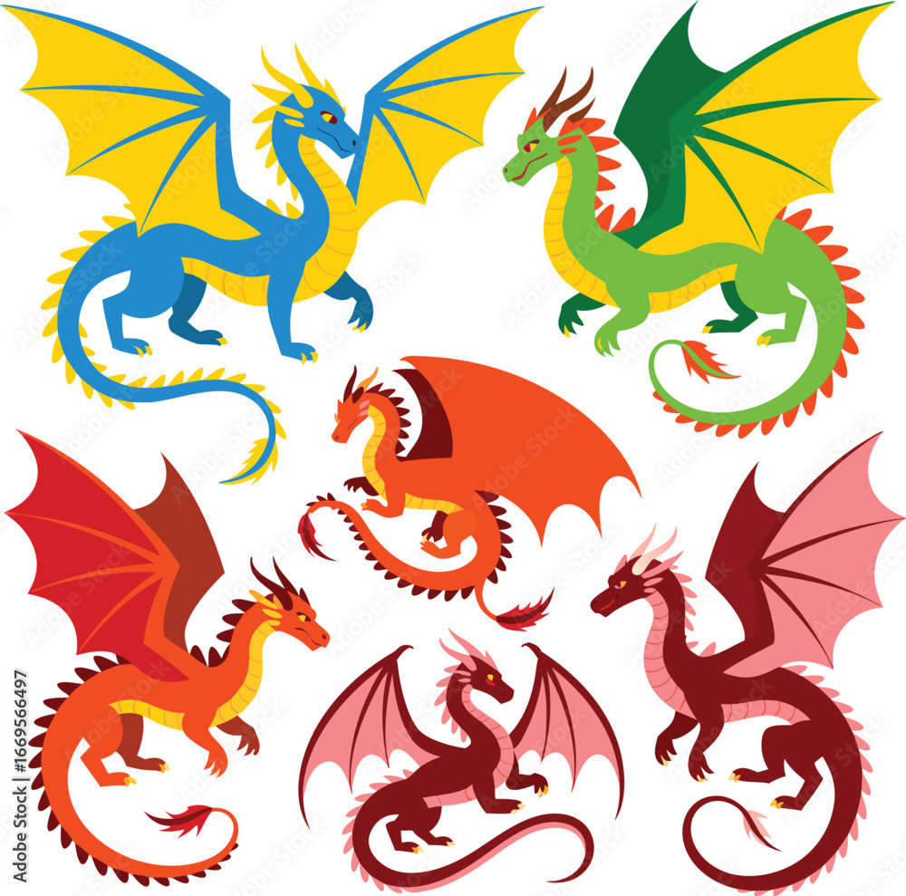 Obraz premium Collection of Colorful Cartoon Dragons with Wings Blue, Green, Red and Orange Dragons
