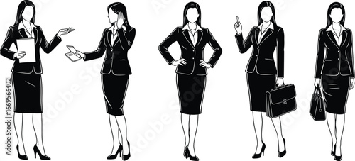 Businesswoman silhouette vector, female professional in suit, office worker illustration, confident woman poses, leadership, career, manager, corporate, entrepreneur, success
