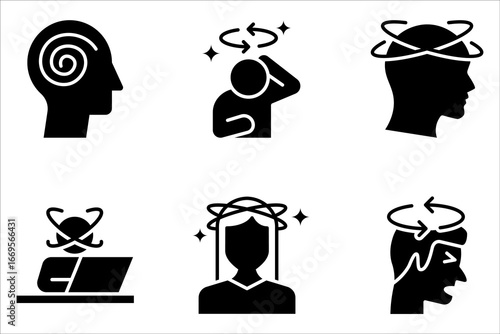 Dizziness icon set, headache person, feeling dizzy, vertigo discomfort, editable stroke vector icon on white background