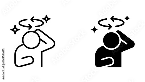 Dizziness icon set, headache person, feeling dizzy, vertigo discomfort, editable stroke vector icon on white background
