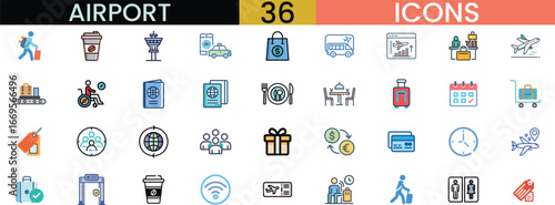 Collection of 36 diverse airport and travel themed icons for various design needs vector
