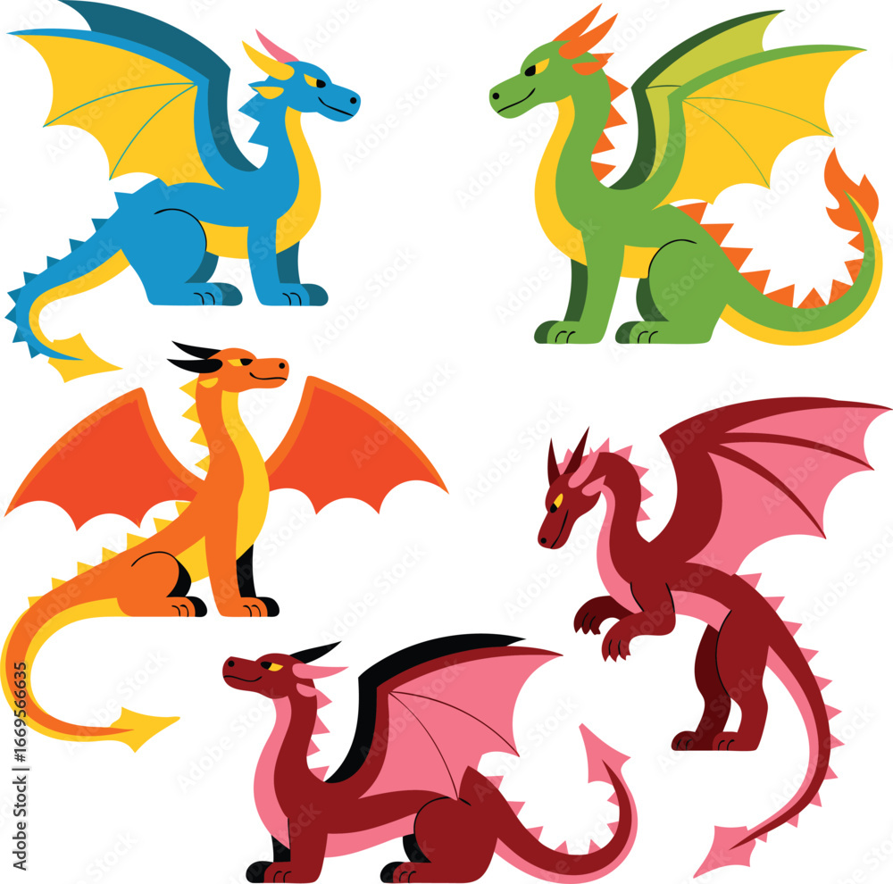 Fototapeta premium Colorful Cartoon Dragons Blue, Green, Orange, and Red Dragon Illustrations with Wings