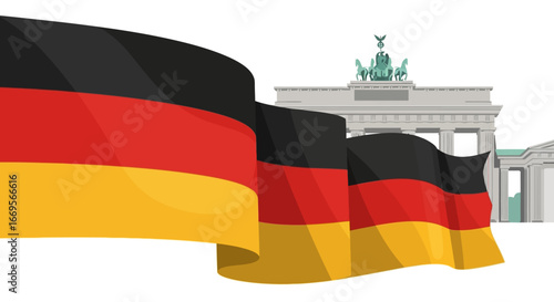 German Flag Waving With Brandenburg Gate in the Background, Symbolizing German Culture and Travel