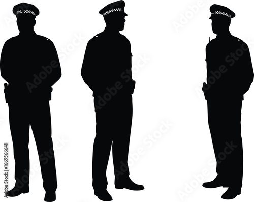 Police silhouettes, law enforcement officers, security staff illustration, patrol team, faceless figures, authority concept, black and white vector, protection, justice, uniform design