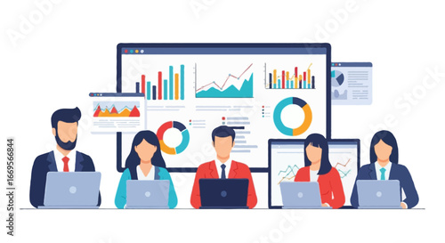 Flat vector illustration of data analytics | Faceless analysts with laptops in front of a giant dashboard showing bar graphs, pie charts, and line graphs. Vibrant solid colors, minimal flat style