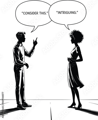 Silhouette man and woman talking, speech bubble illustration, communication concept, dialogue exchange, discussion art, interpersonal interaction, conversation design