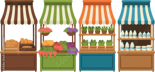 Colorful Farmers Market Stalls With Fresh Bread, Vegetables, Plants, and Dairy Products Illustration