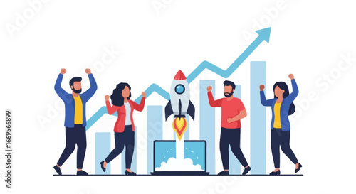 Flat vector illustration of a startup launch |  Faceless diverse team celebrating while a rocket launches from a laptop, growth charts rising behind them. Bright vibrant colors, flat clean style