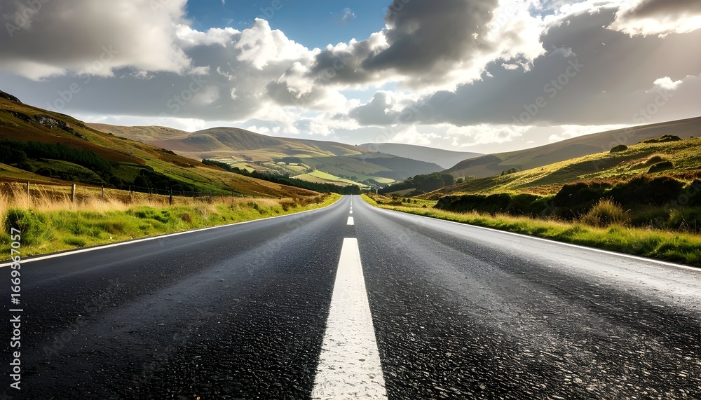 Naklejka premium Scenic Road Trip Asphalt Journey Through Rolling Hills Under a Dramatic Sky