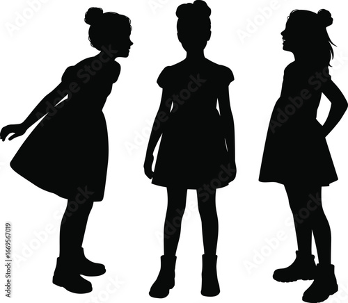 Silhouette of young girls standing together, childhood friendship, kids fashion, playful children illustration, group of girls posing in vector