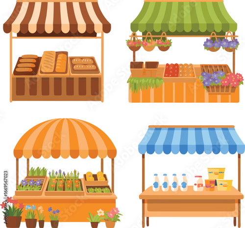Colorful Illustration of Four Market Stalls Selling Bread, Produce, Flowers, and Dairy Products