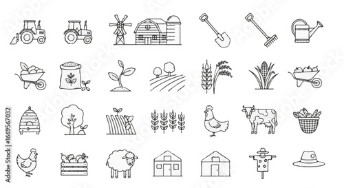 Vector icon set of agriculture and farming theme in outline style, simple black lines with no color fill. Include unique icons such as tractor, barn house, windmill, silo, watering can, shovel, rake