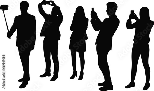 Silhouettes of men and women taking selfies, smartphone photography, mobile technology, digital lifestyle, tourist activity, social media sharing, camera phone usage