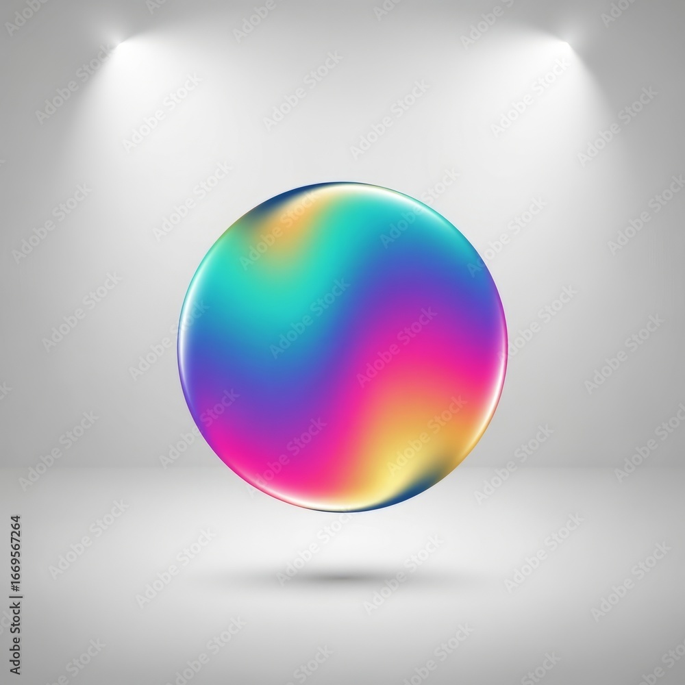 Fototapeta premium A colorful sphere floating in a gray room illuminated by two spotlights from the top corners of the frame
