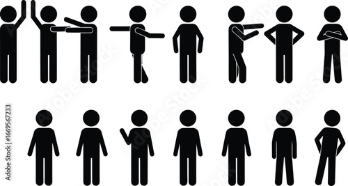 Stickman gestures and body language icons, communication, teamwork, conversation, argument, agreement, human interaction, social behavior, vector illustration