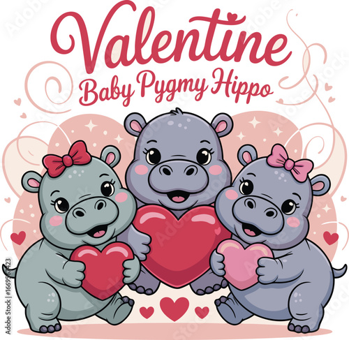 Cute Baby Pygmy Hippos Holding Hearts for Valentine's Day Celebration Cartoon Illustration Design
