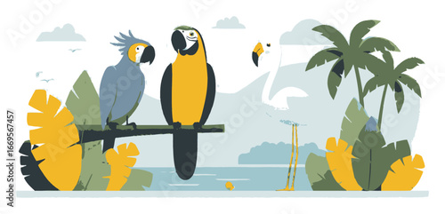 Colorful Cartoon Scene with Tropical Birds and Lush Greenery