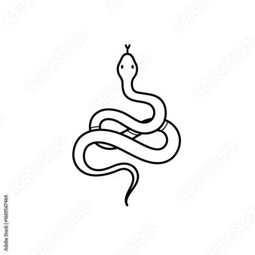 A minimalist line drawing of a coiled snake with a small head and two eyes