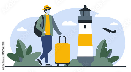 Travel Adventure Scene with Man, Suitcase, Lighthouse, and Airplane