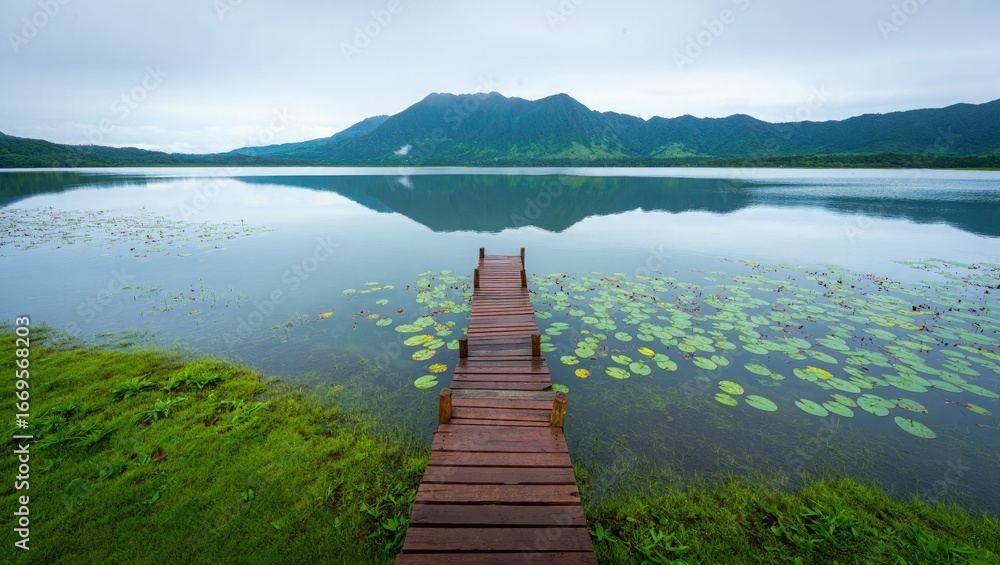 Fototapeta premium Wooden Pier Extending into a Calm Lake with Mountains