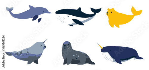 Colorful Flat Cartoon Sea Animals for Educational and Fun Use