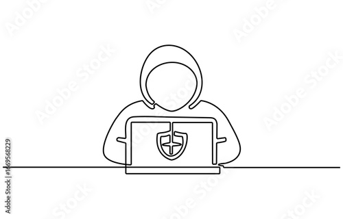 Continuous line drawing of Hacker Icon. Hand drawn symbol vector illustration. Minimalist design with thin blue and red lines.