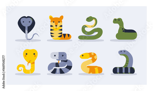 Colorful Cartoon Animals Featuring Snakes, Tigers, and Elephants