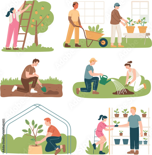 Diverse Group of People Engaging in Various Gardening Activities, From Harvesting to Planting and Watering Plants