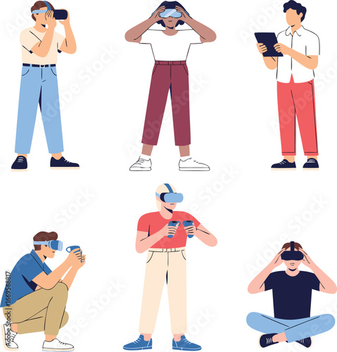 Diverse People Using VR Headsets and Tablet in Modern Illustration on White Background