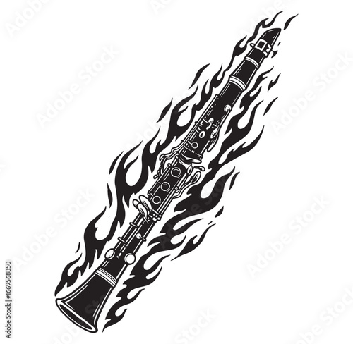 Black and white illustration of a burning clarinet woodwind instrument with flames on white background