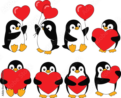 Eight Cartoon Penguins Holding Red Heart Balloons and Hearts on a White Background