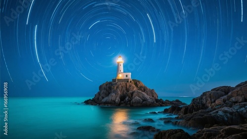 Lighthouse Illuminated at Night with Star Trails in the Sky