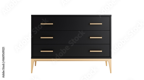 Modern luxury black chest of drawers with gold handles isolated on white background PNG