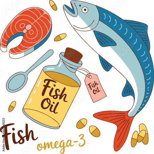Fish Oil and Omega3 Illustration Salmon Steak, Fish, Oil Bottle, Capsules and Spoon