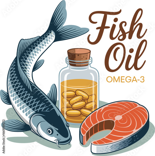 Fish Oil Omega3 Illustration with Whole Fish, Salmon Steak, and Bottle of Capsules