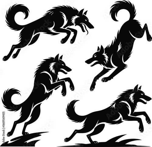 Four Black Silhouette Wolves Jumping, Running, and Pouncing Illustration on White Background
