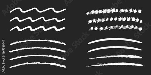 Collection of White Chalk Wavy Lines and Arcs on Black brush stroke texture
