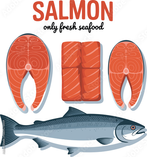 Fresh Salmon Illustration Whole Fish, Salmon Steaks, and Filets Featuring Only Fresh Seafood
