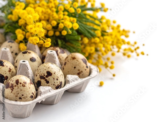 Quail eggs in a carton with mimosa blossoms (1)