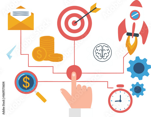 Hand Pressing Button Connecting Mail, Money, Target, Rocket, Brain, Gears and Clock Icons